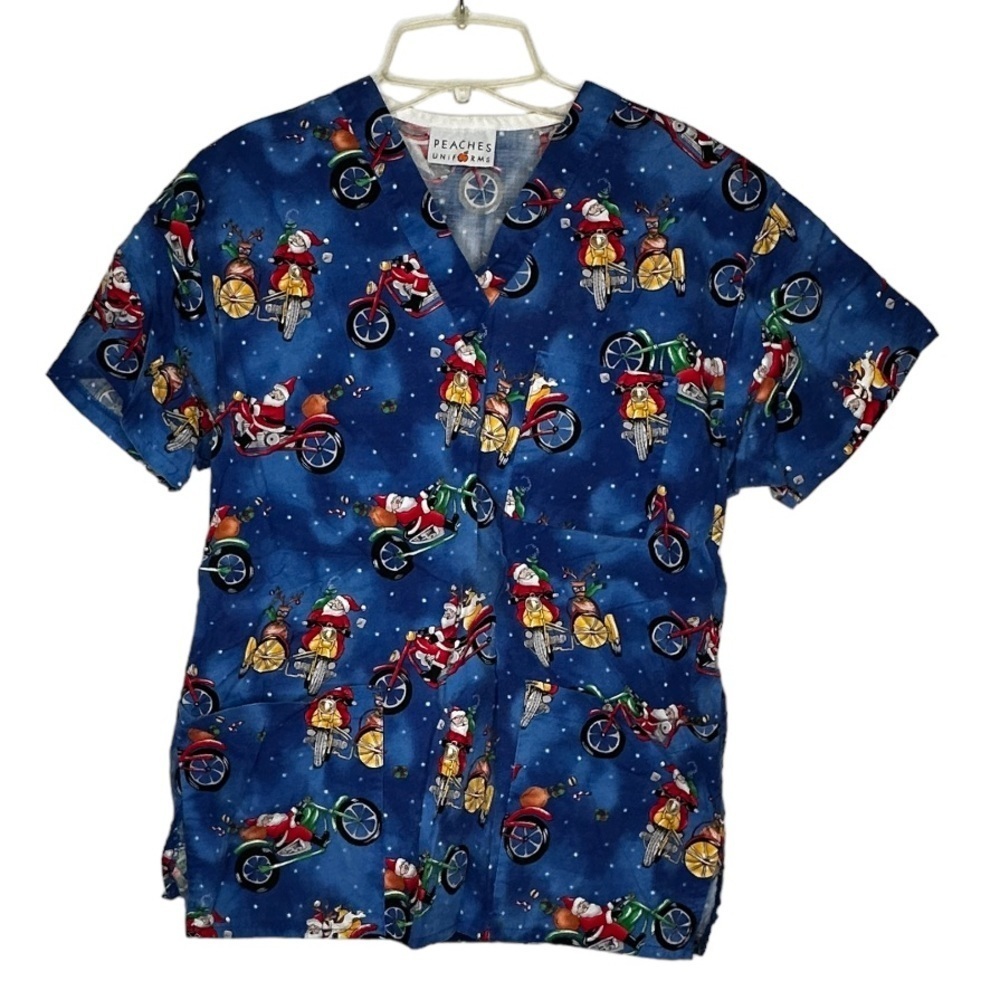 Peaches Uniforms Christmas Santa Motorcycle Scrub Shirt